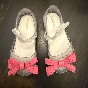 Mini Melissa kids size 11 Sparkly Gray Shoes with Pink Bow. Wore twice